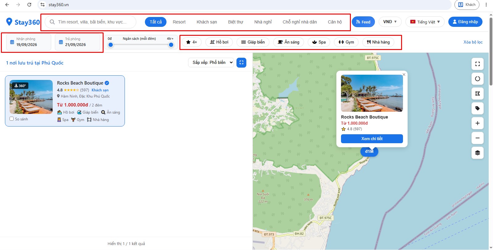 Bước 1 - Giao diện tìm kiếm khách sạn / resort