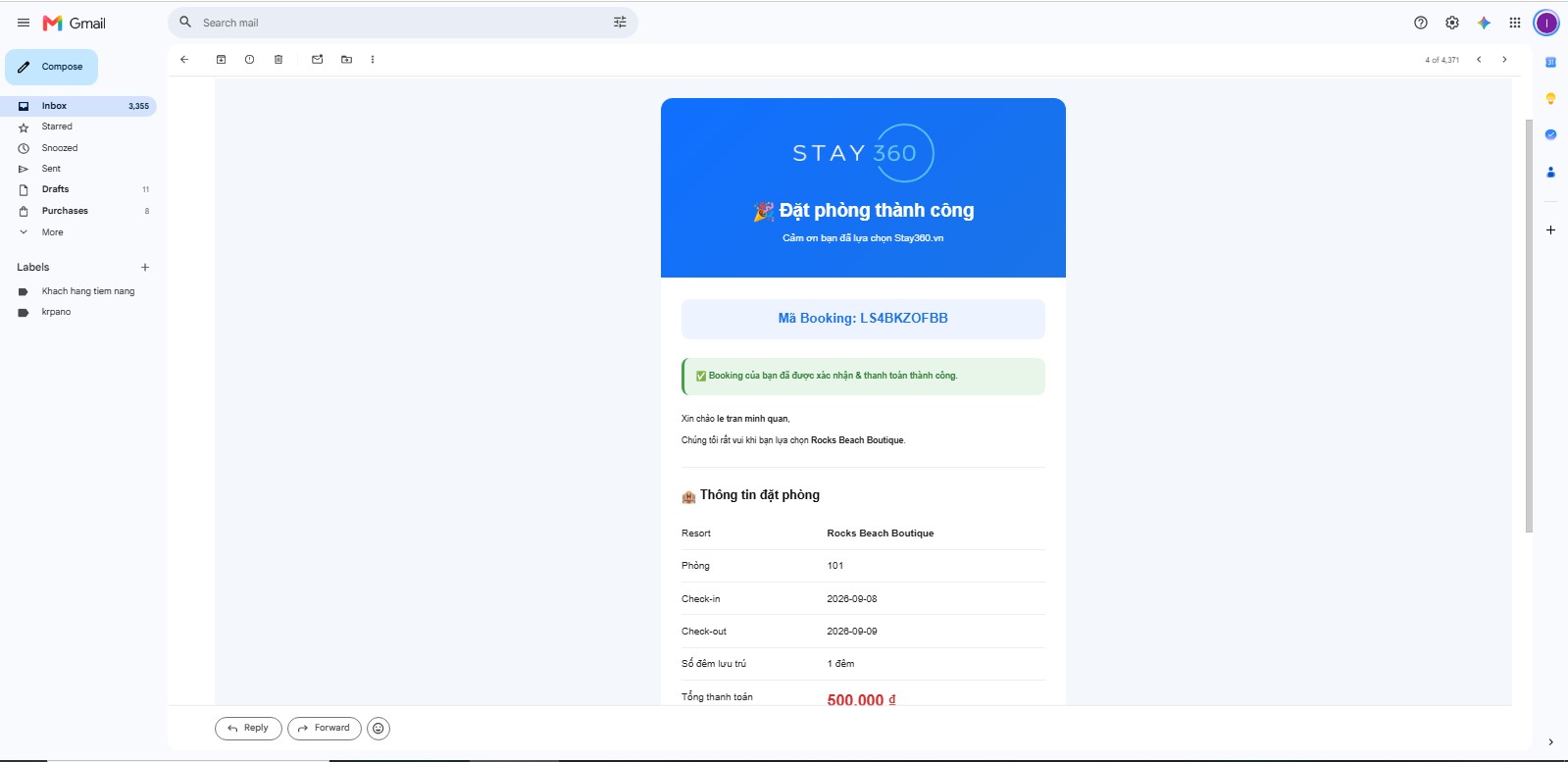 Email xác nhận booking
